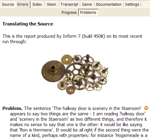 Note that the problem is *not* that we're not writing a game about Harry Potter. An I7 problem report
